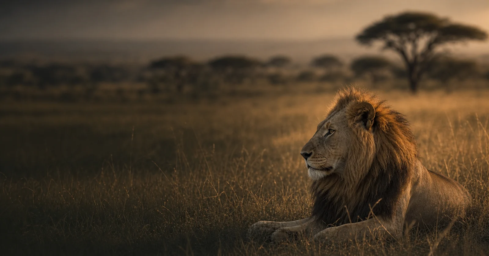 Lion resting in Serengeti grass in the last evening light