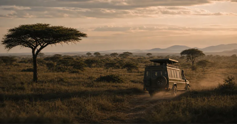 Safari vehicle on a track through Tanzania’s golden savannah