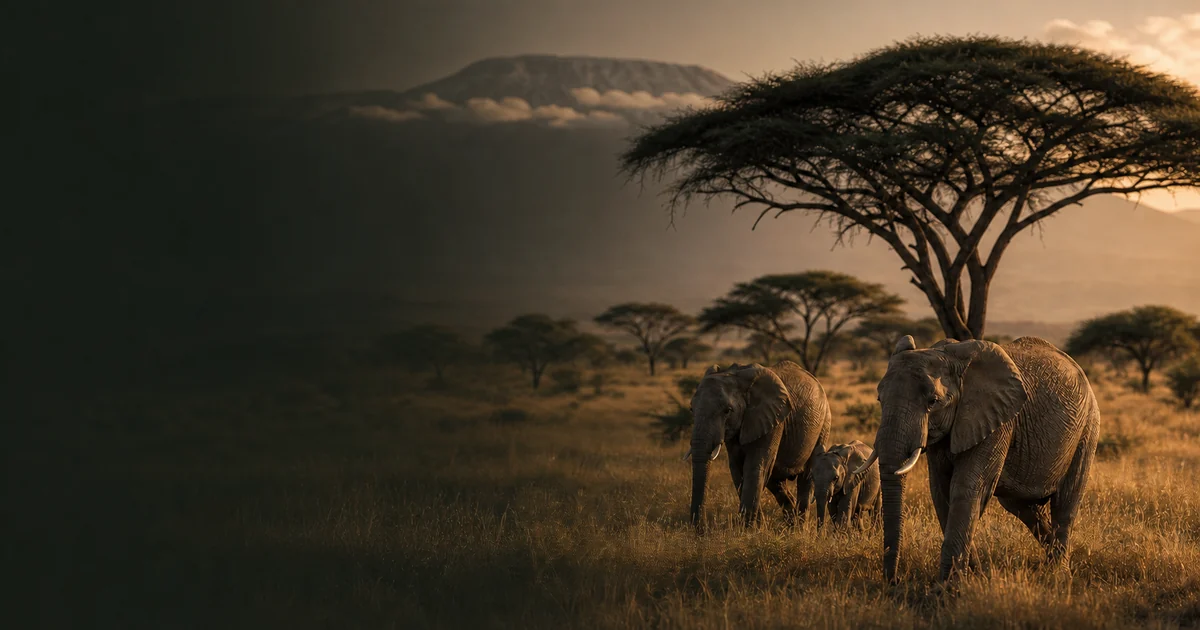 Elephants crossing the open Tanzanian savannah at golden hour